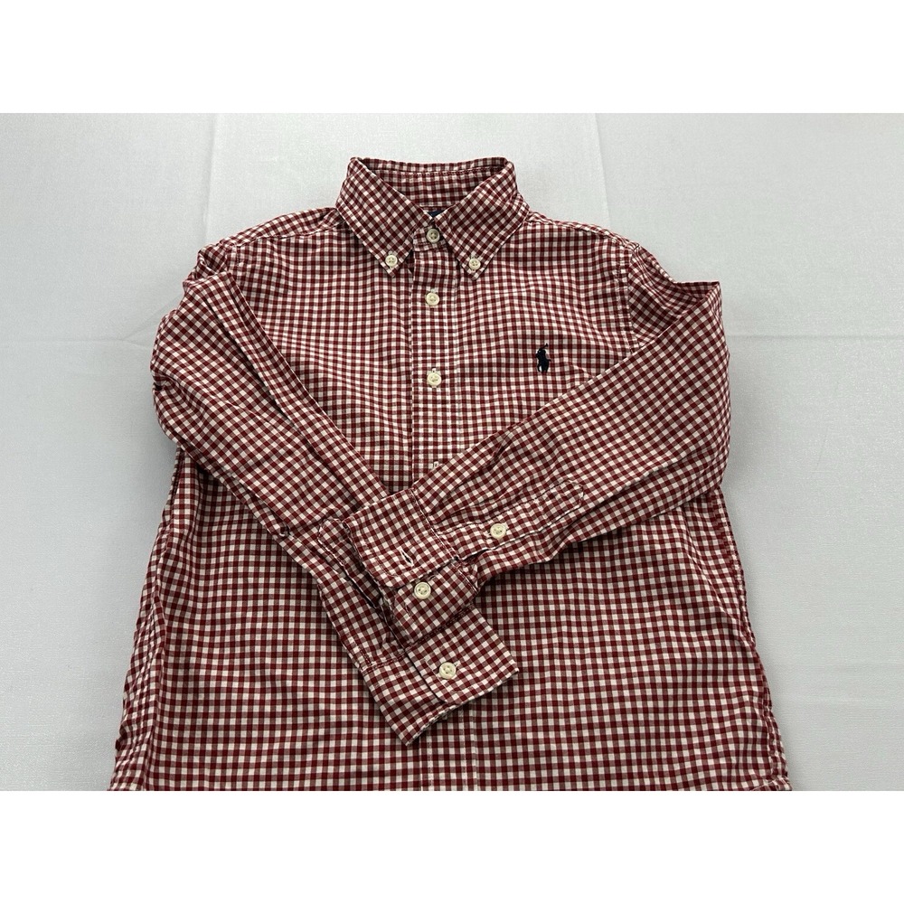 Ralph Lauren Boys Size 5 Red White Gingham Button Down Long Sleeve Cotton Shirt